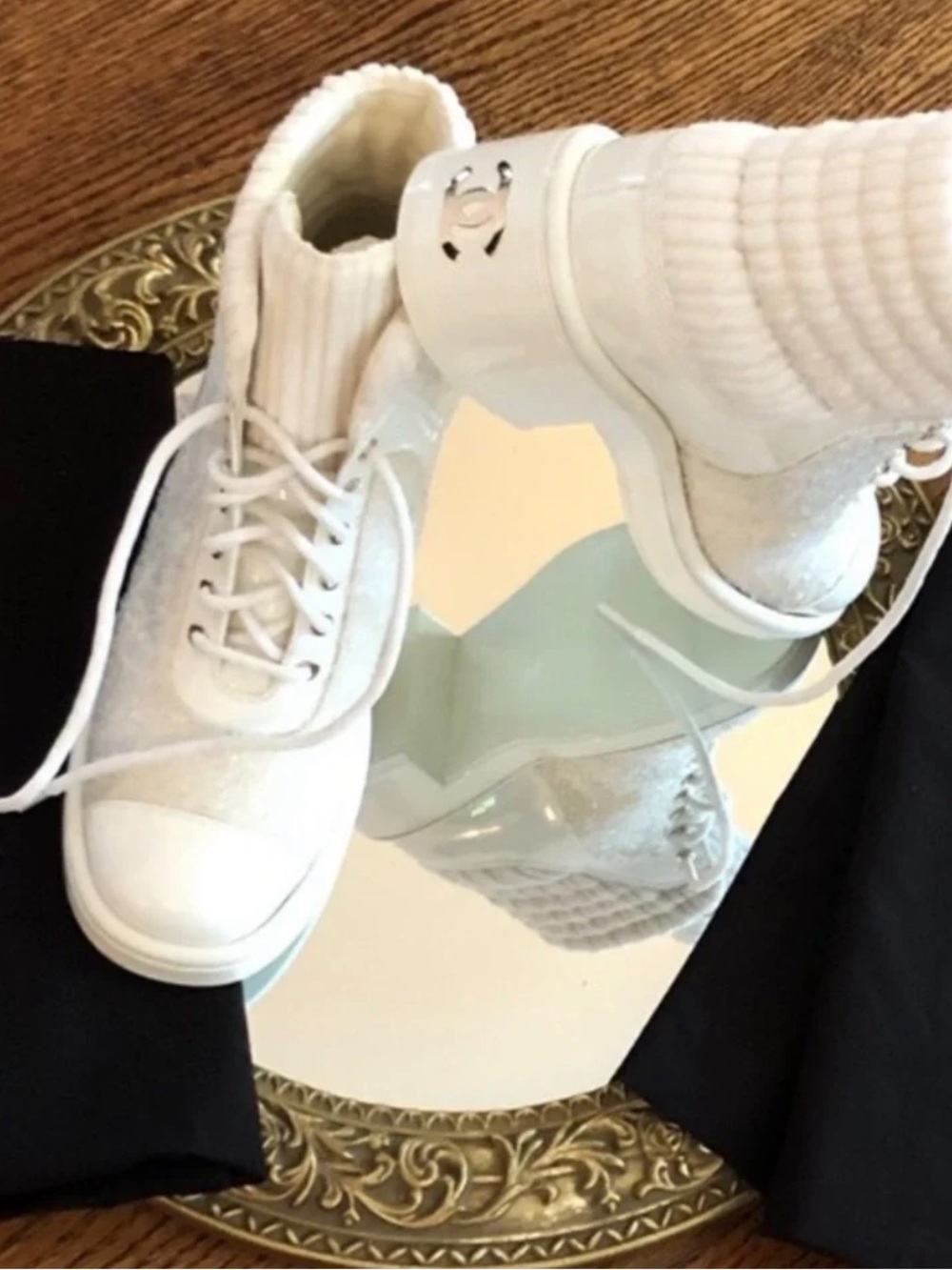 Chanel 36.5 * Gently Used * Rare White Patent Tweed Lace up Boots